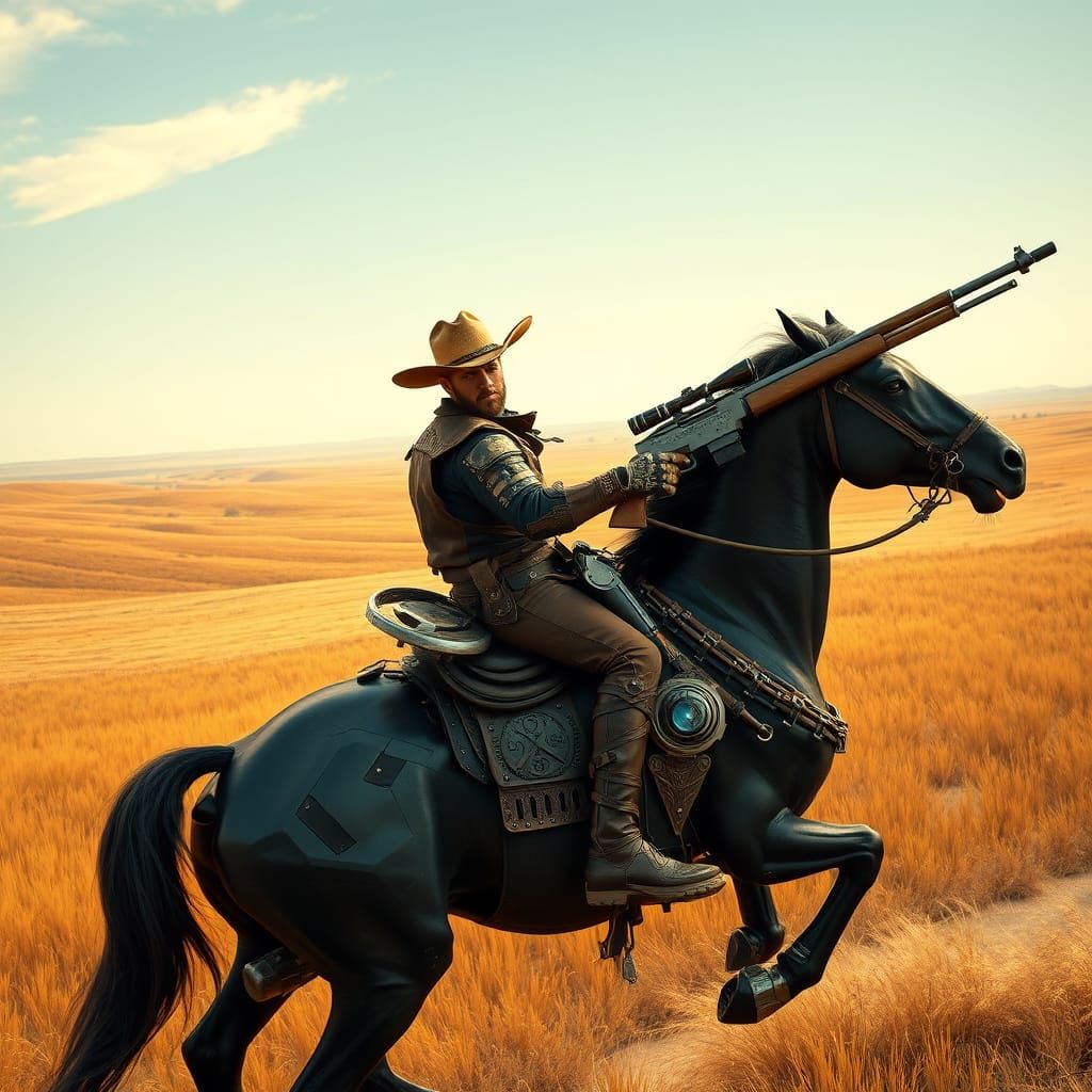 A Texas Ranger, dressed in realistic brown sci-fi  leather a...