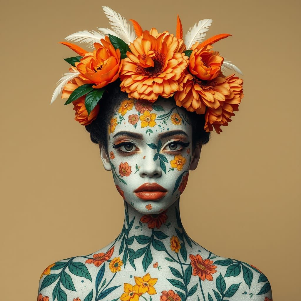 Woman with Floral Skin, in Basquiat Style