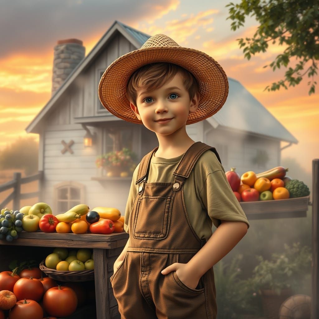 Farm Boy at Sunrise Fruit Stand in Ethereal Mist