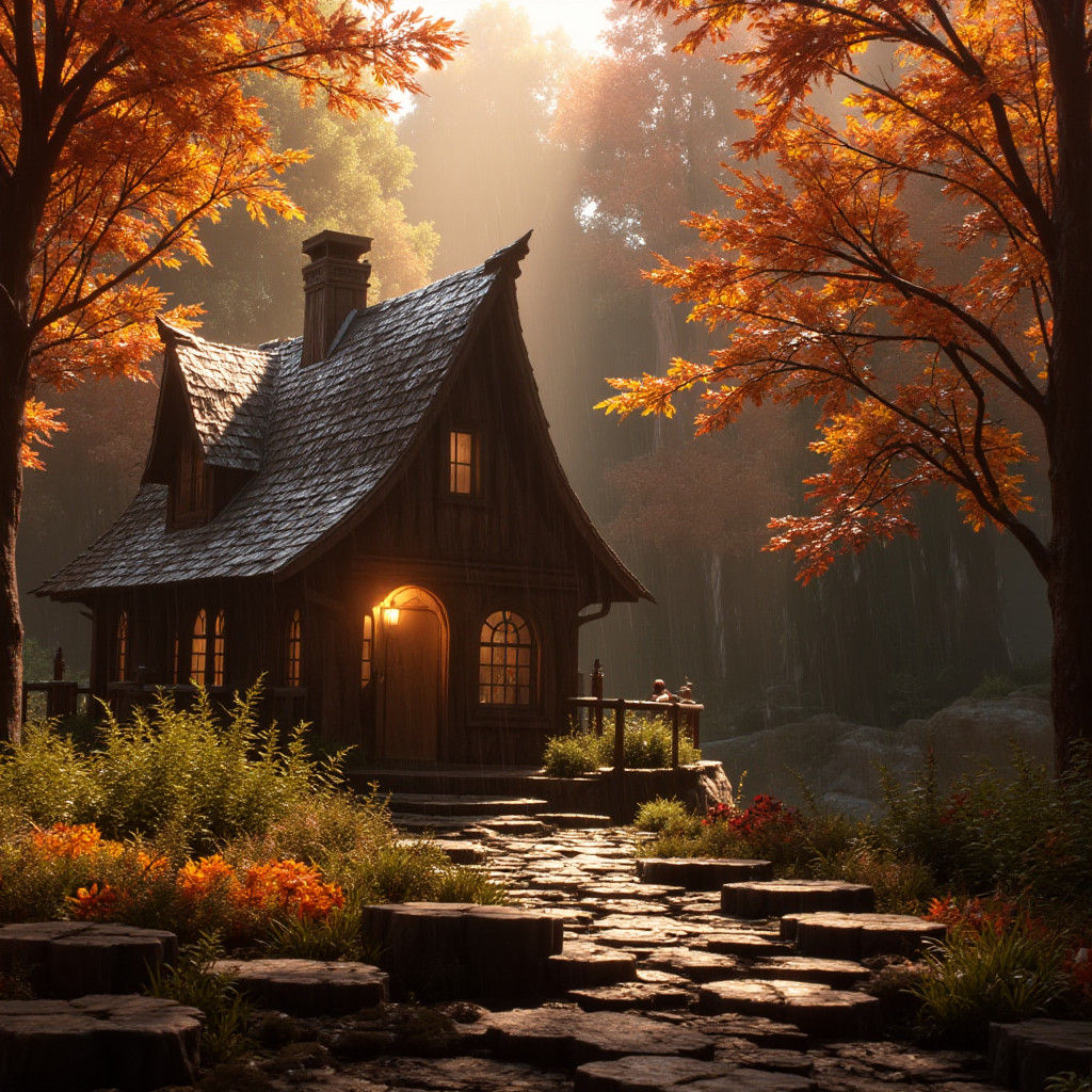 Mystical Autumn House in Matte Painting Style