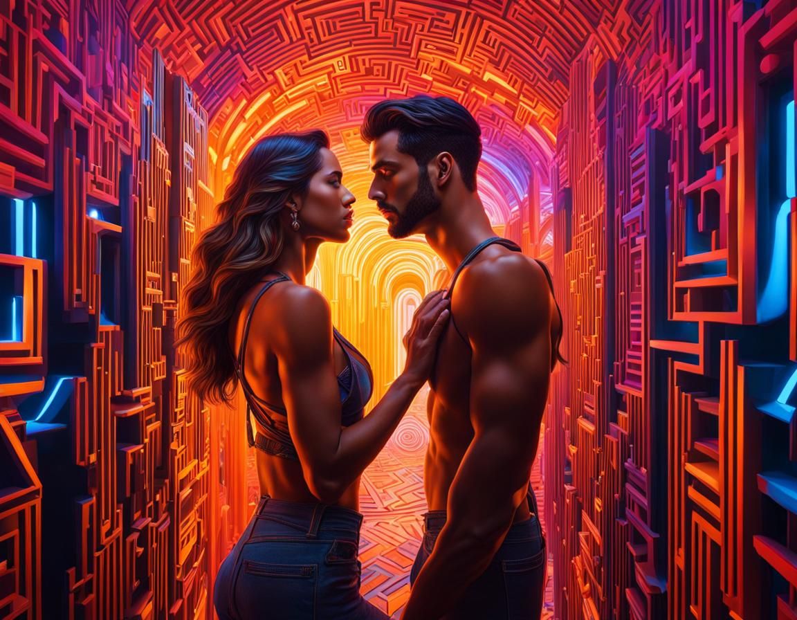 Hyperrealistic Couple in Mirror Maze: Splash Art