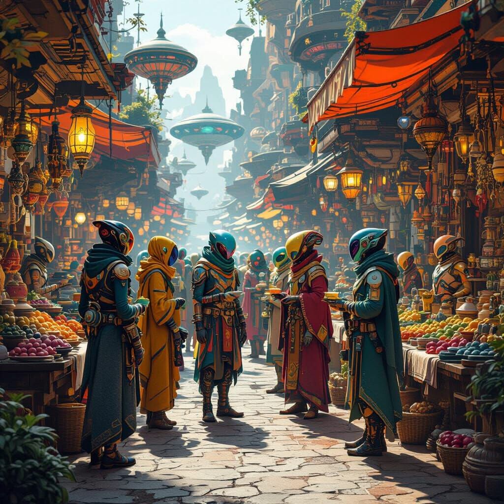 Vibrant Alien Farmers Market in Matte Painting Style