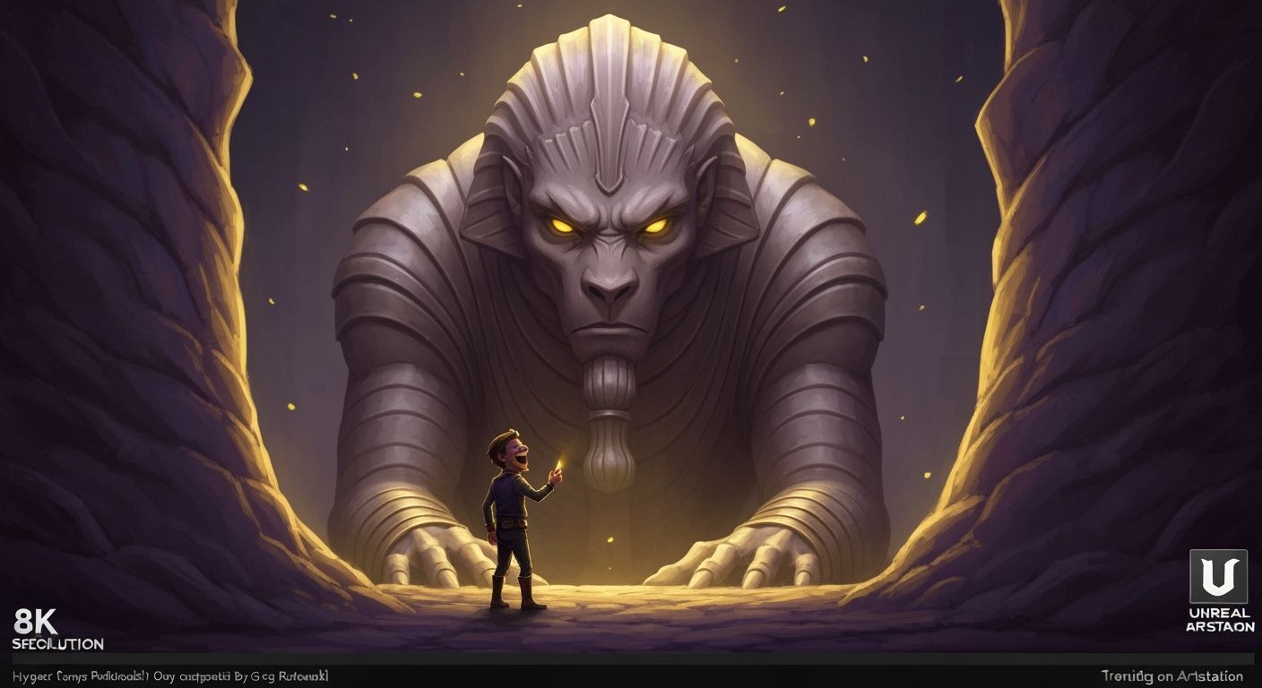 Giant Sphinx Glaring at Hero in Dark Fantasy Art