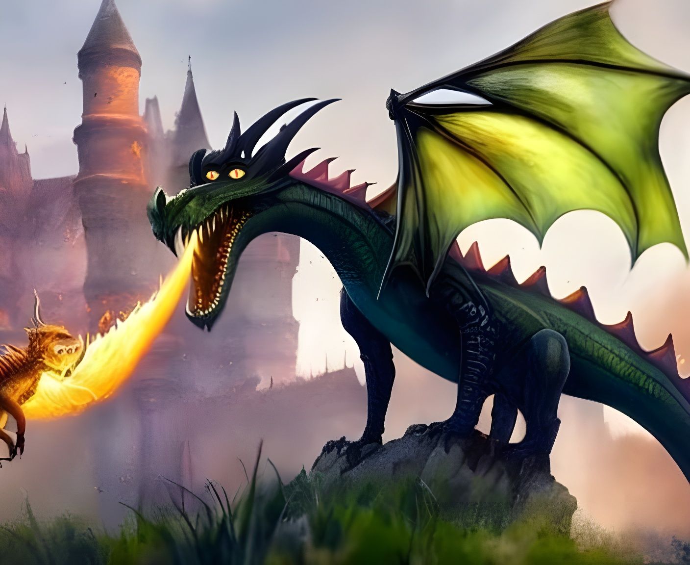 Big-Eyed Dragon Spitting Fire in Hyperdetailed Landscape