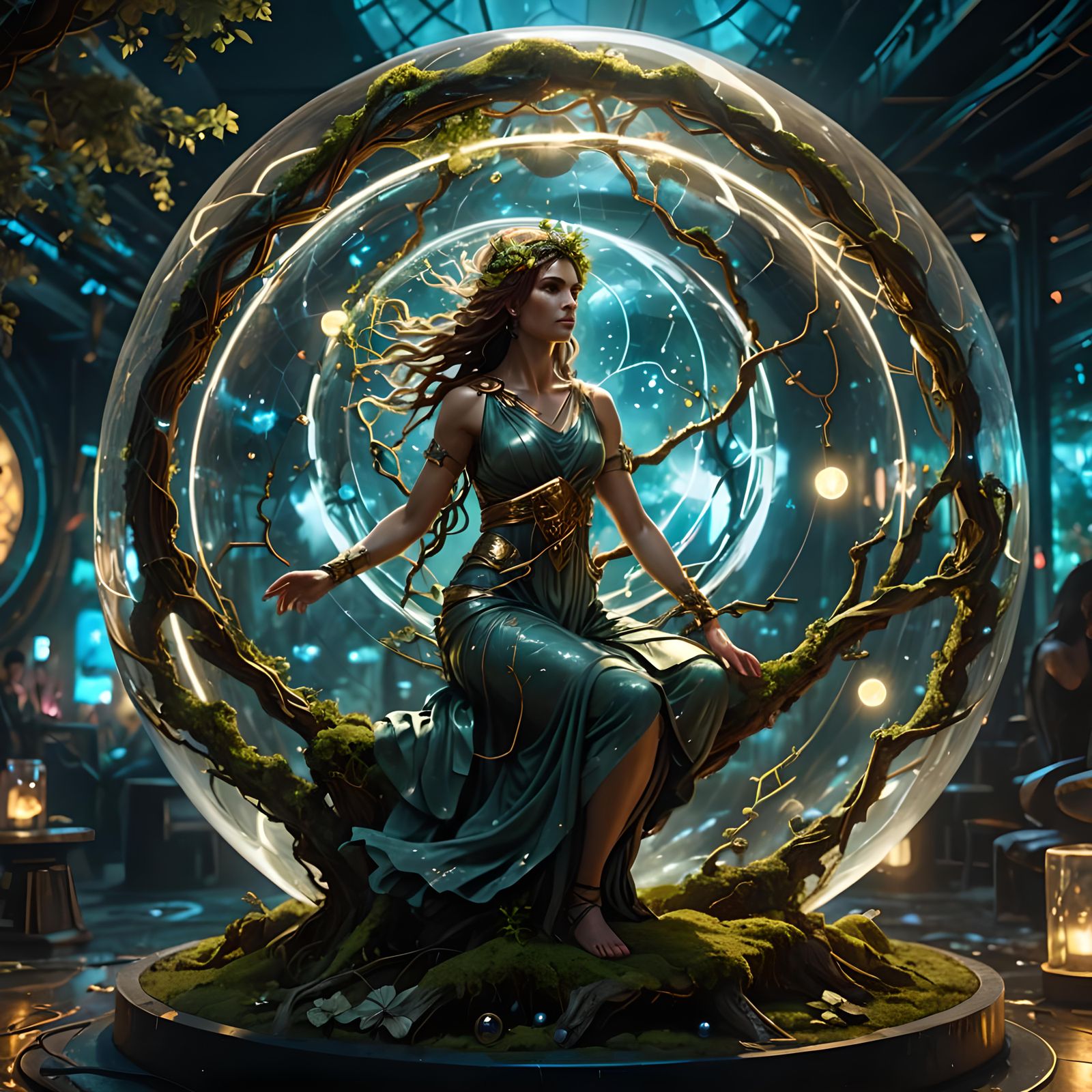 Greek Goddess in Glass Sphere, Cyberpunk Style