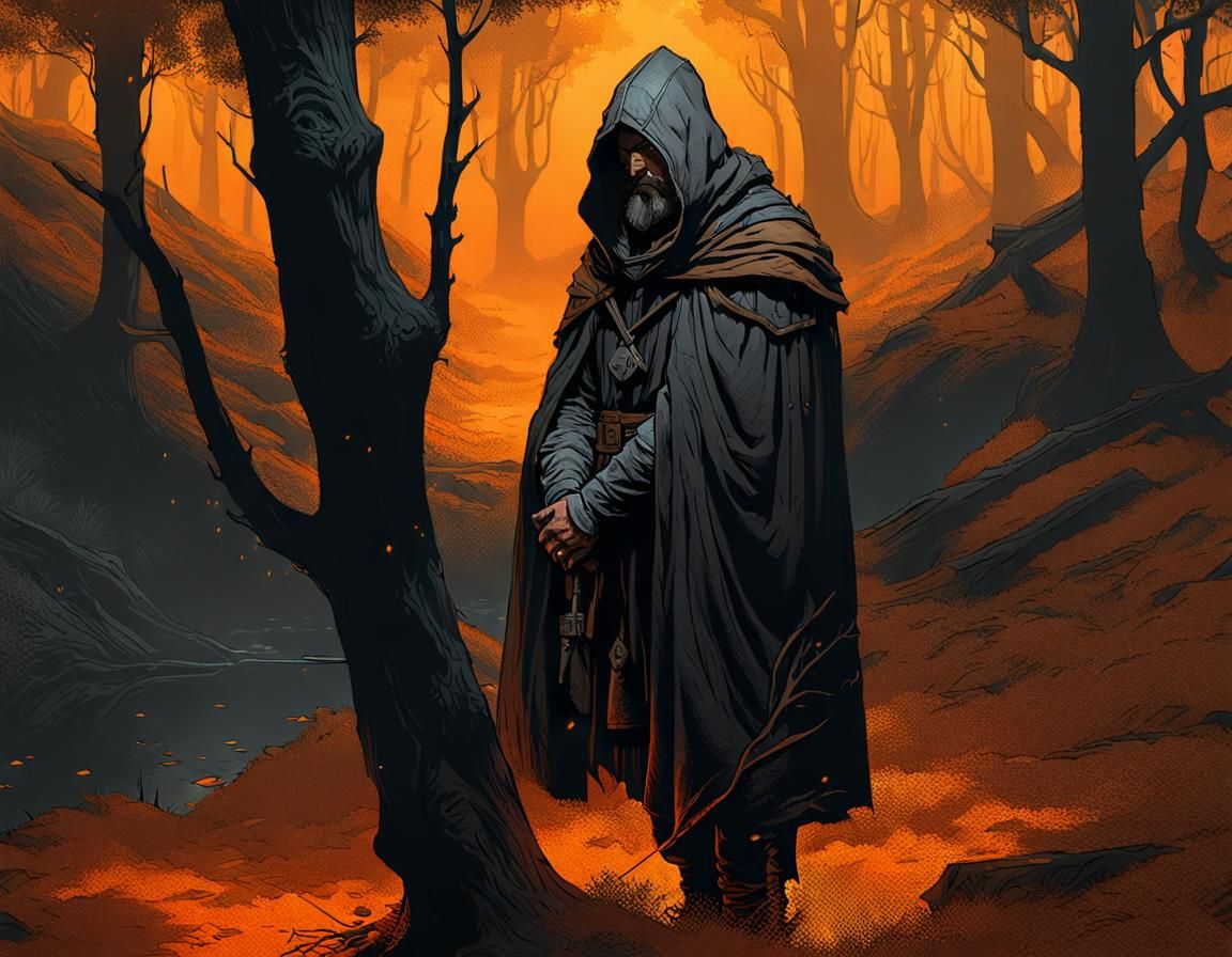 Monochrome Fantasy: Cloaked Wanderer in Forest