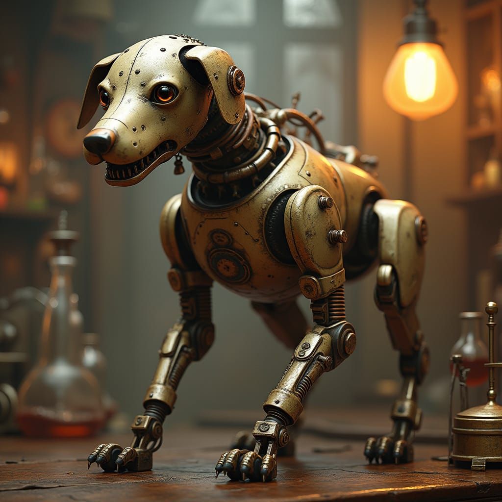 Steampunk Robot Dog in Victorian Laboratory