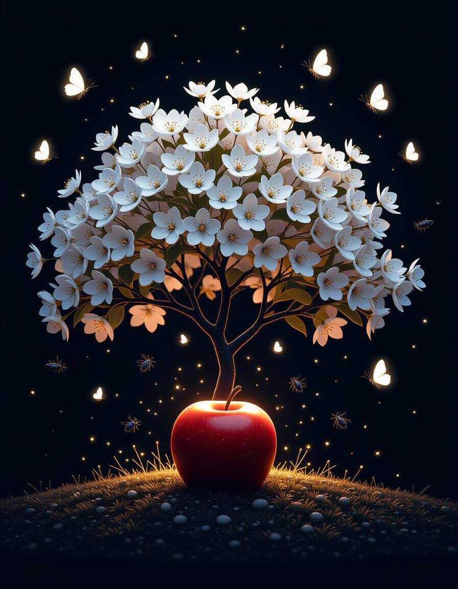 Surreal Night Double Exposure: Apple Tree, Fireflies & Butte...