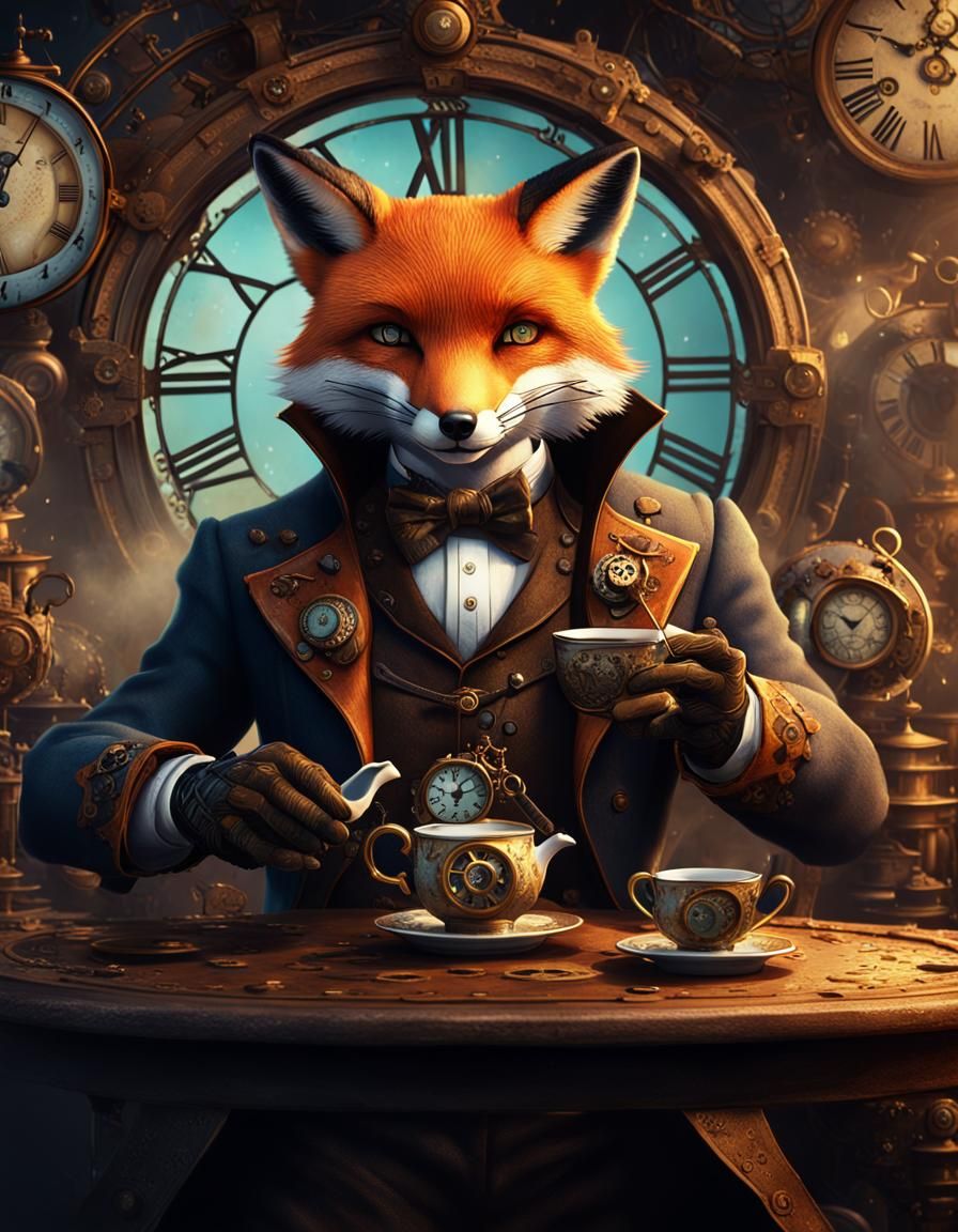 Steampunk Fox Enjoys Tea, Clockwork Background
