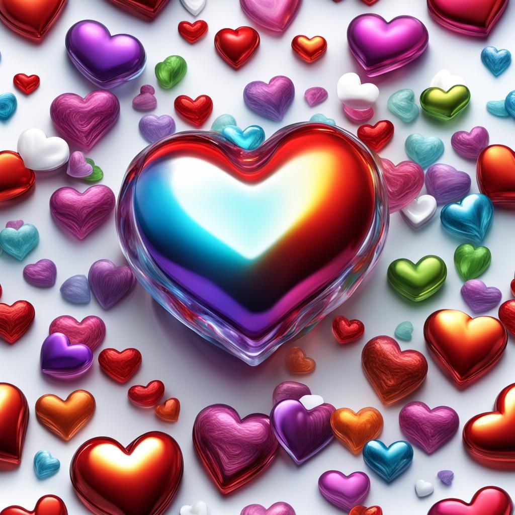 Vibrant 3D Glass Hearts on White Background