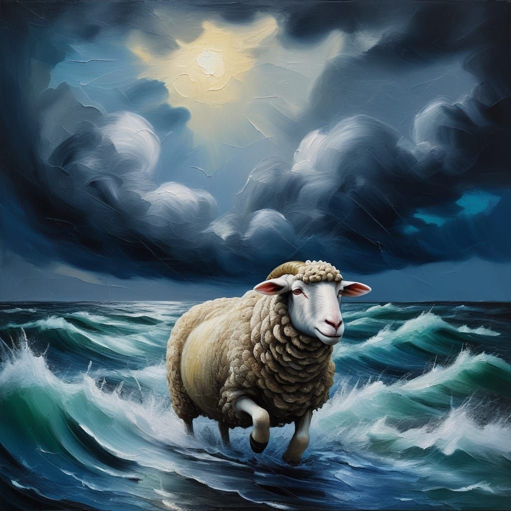 Grumpy Sheep Races Crocodile on Stormy Sea in Splash Art Sty...