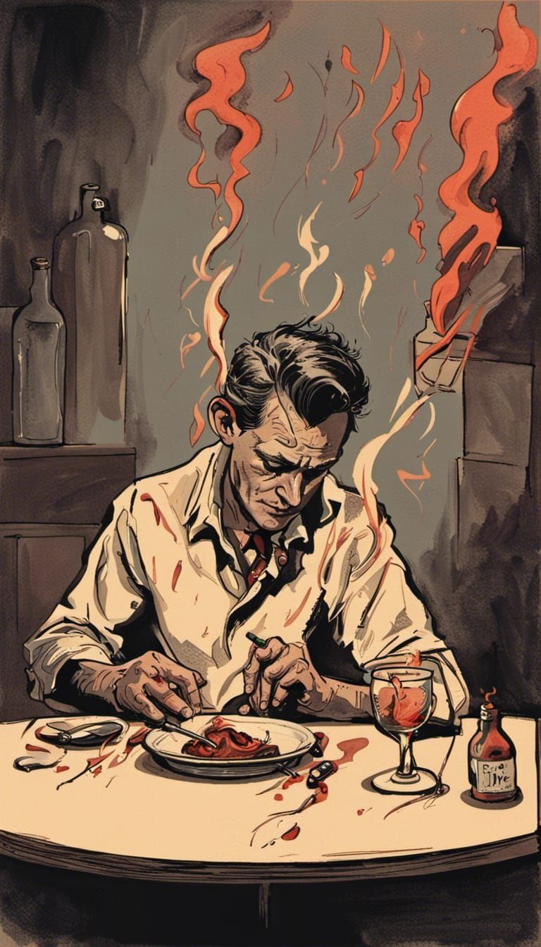 Wounded Man at Dinner Table in Anime Style