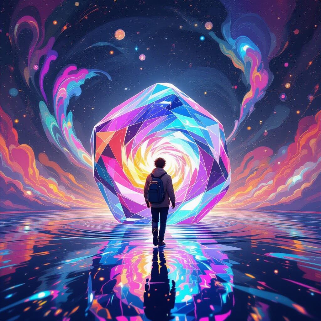 Person Enters Infinity Nugget in Surreal Digital Art