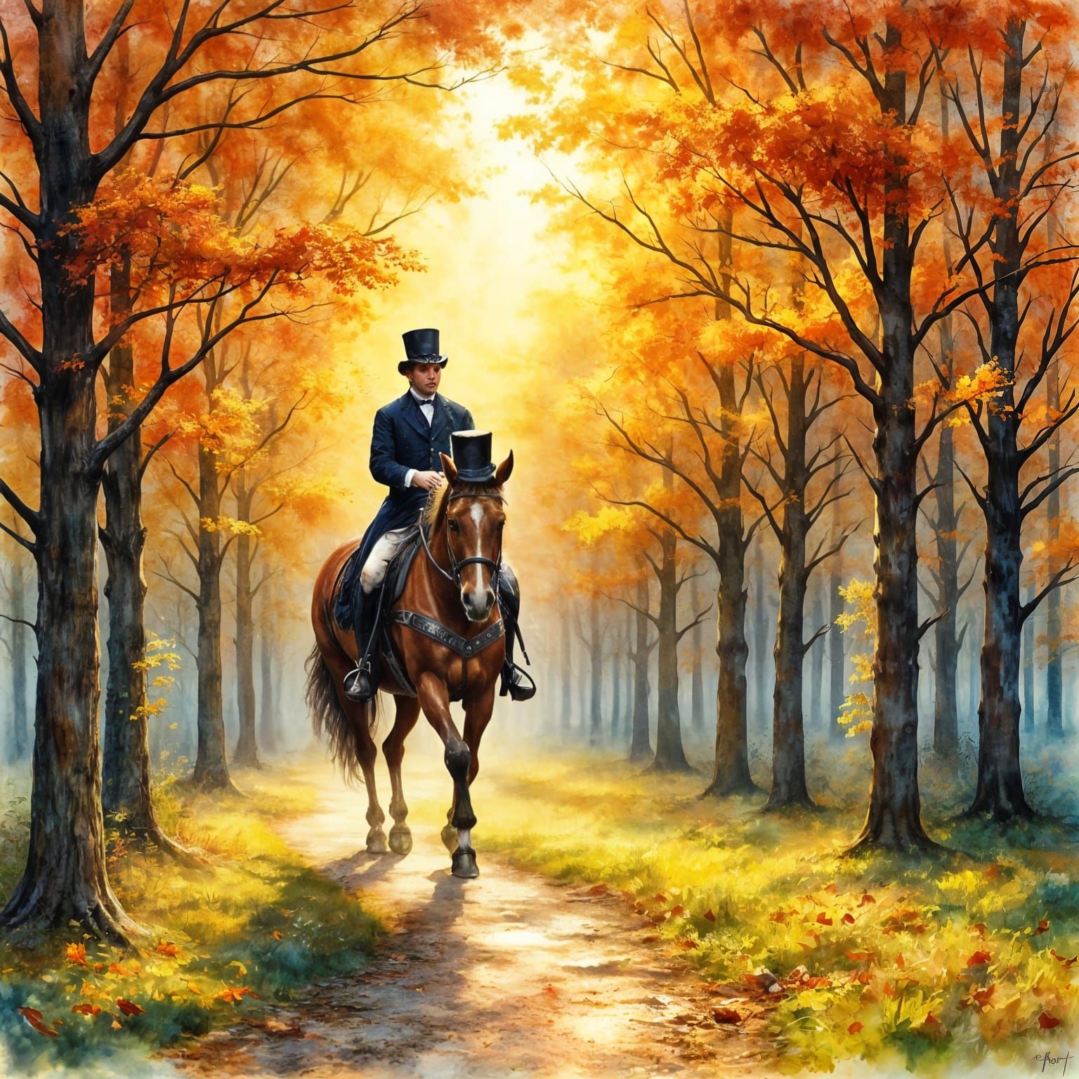 Victorian Rider in Autumn Forest, Watercolor Illustration