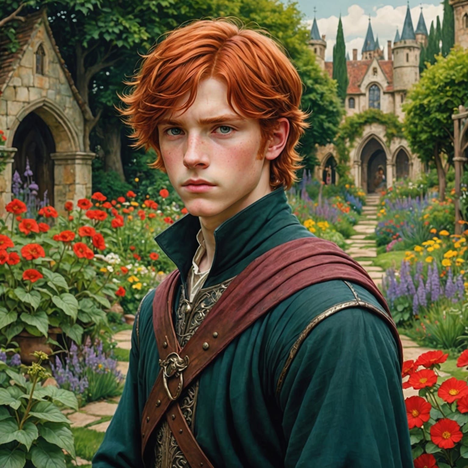 Red-Haired Boy in Medieval Garden, Waterhouse Style
