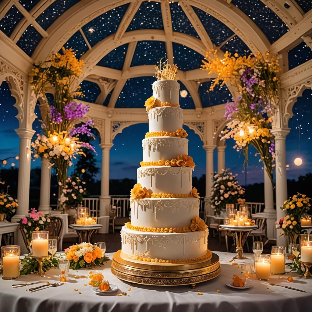 Multi-Tiered Wedding Cake with Sky and Sun