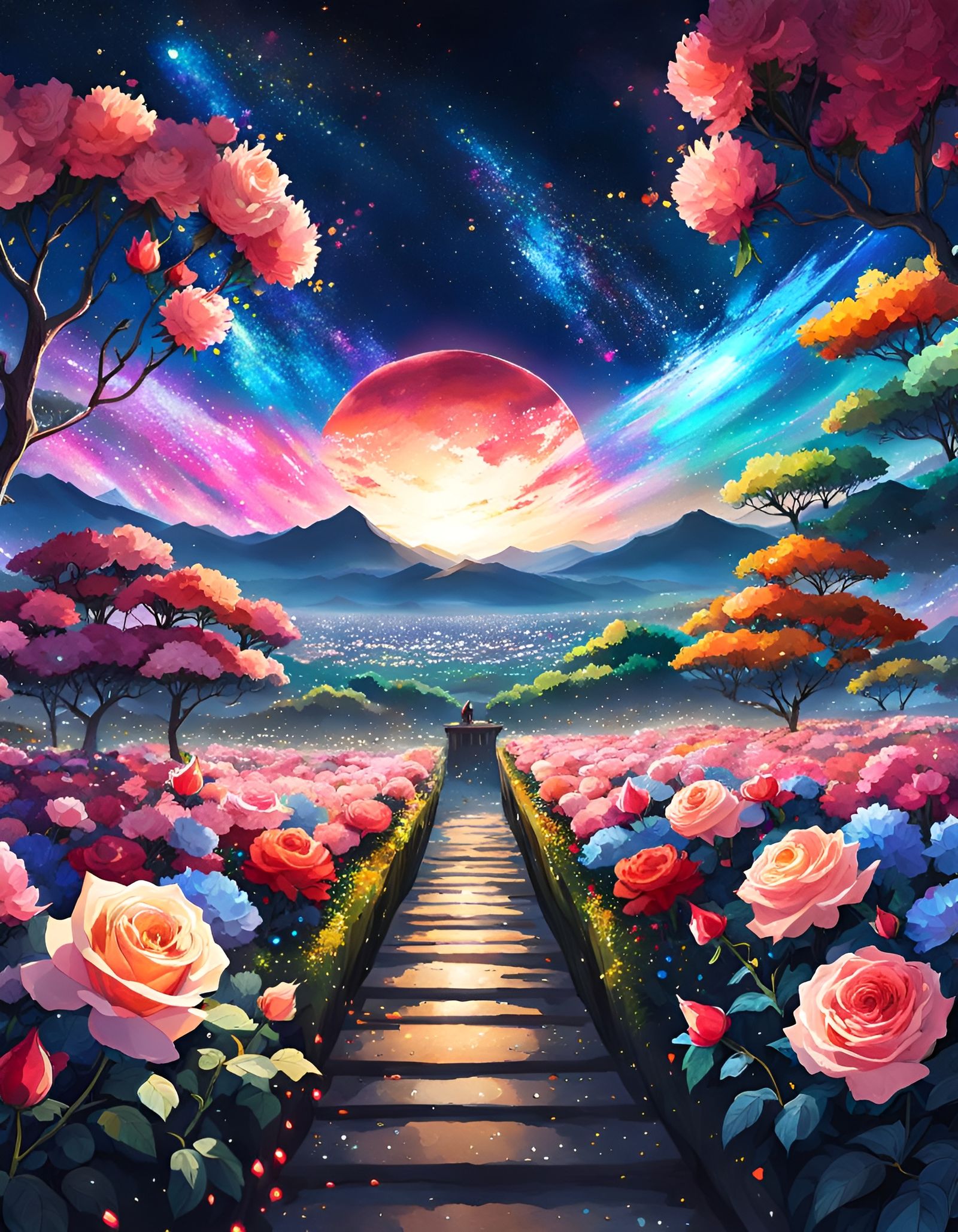 Anime Rose Garden Explosion in Impasto Style