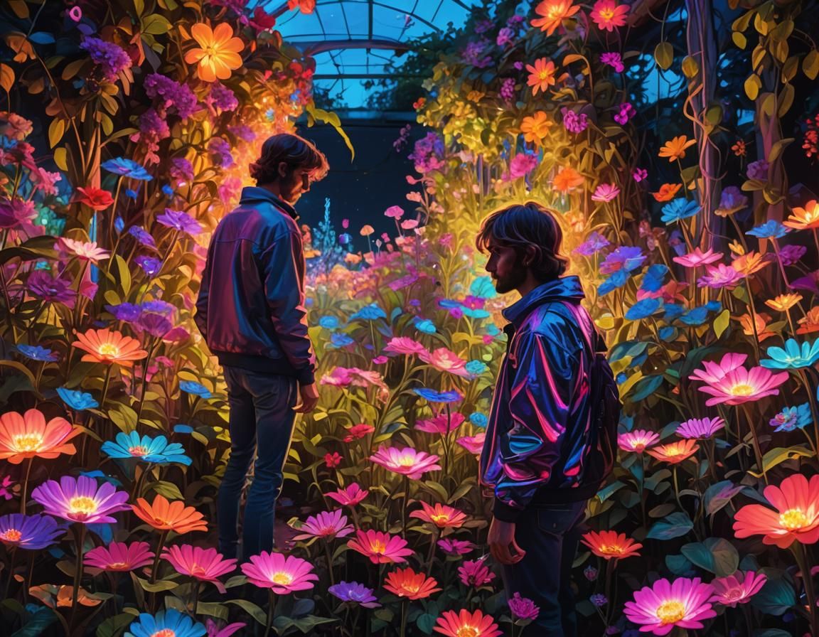 Garden of Flowers with multicolour petals in Neo light shine, keeping background vibrant, highlighting flowers with vibr...