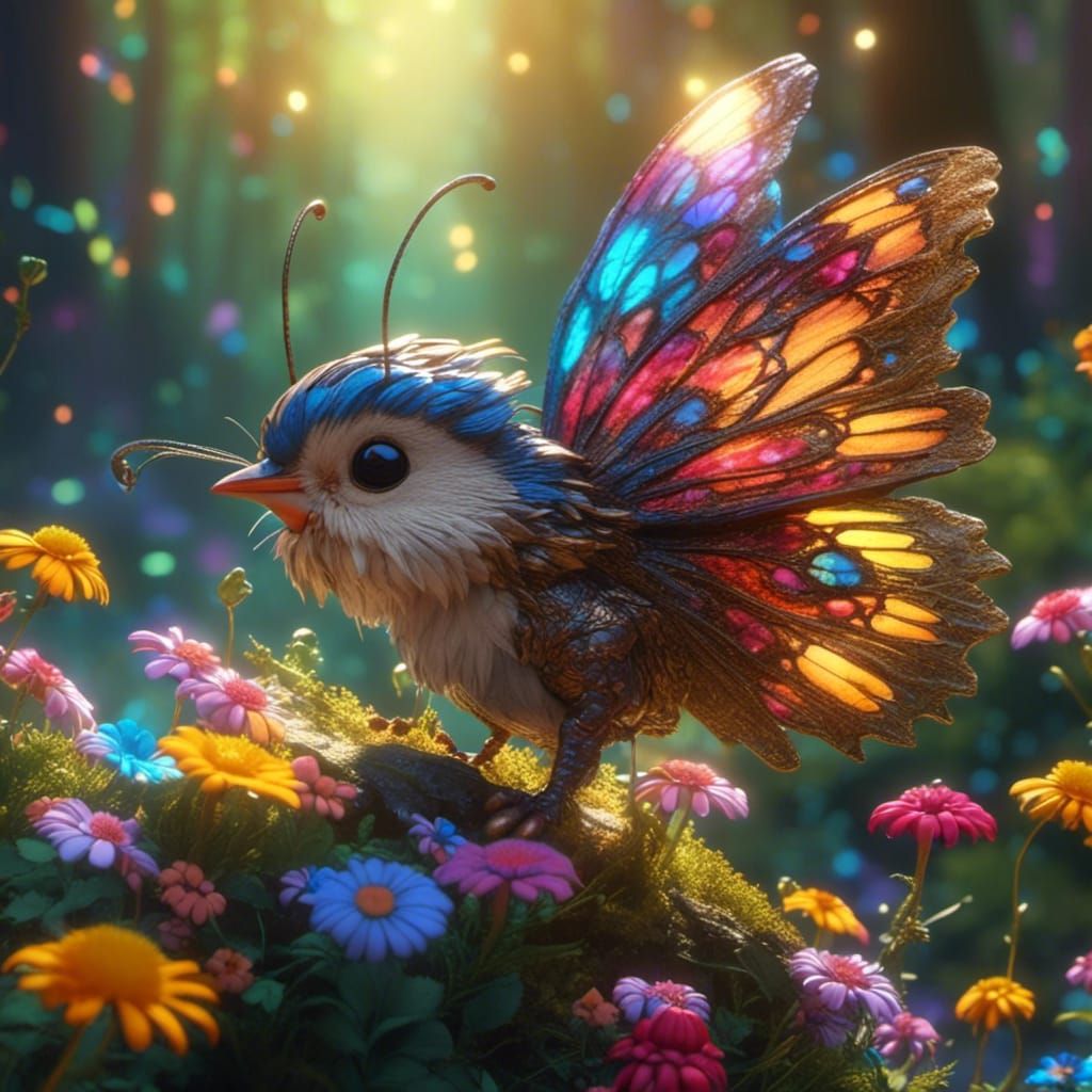 Gnome Butterfly Ride in Whimsical Forest, Fantasy Art