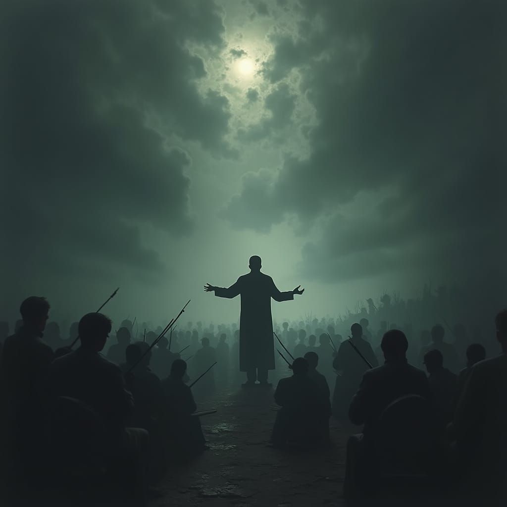 Haunting Orchestra Conductor in Eerie, Dimly Lit Scene