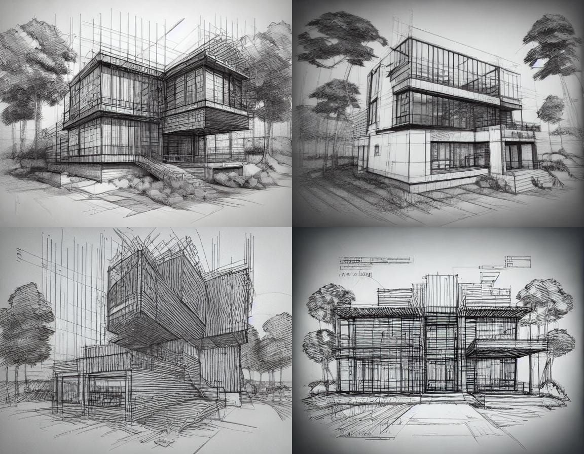 Architectural Sketch of House in Pencil