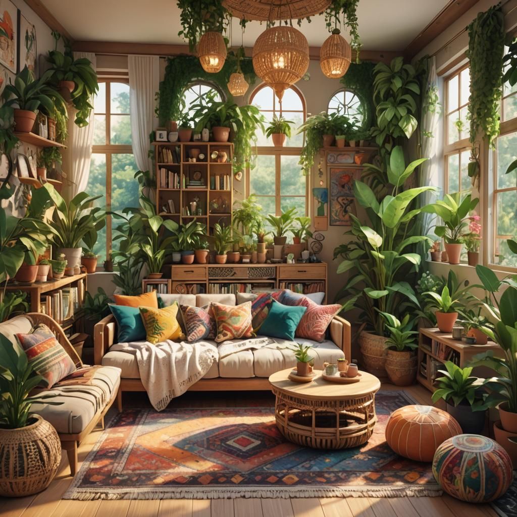 Boho Chic Living Room in 3D Anime Art Style