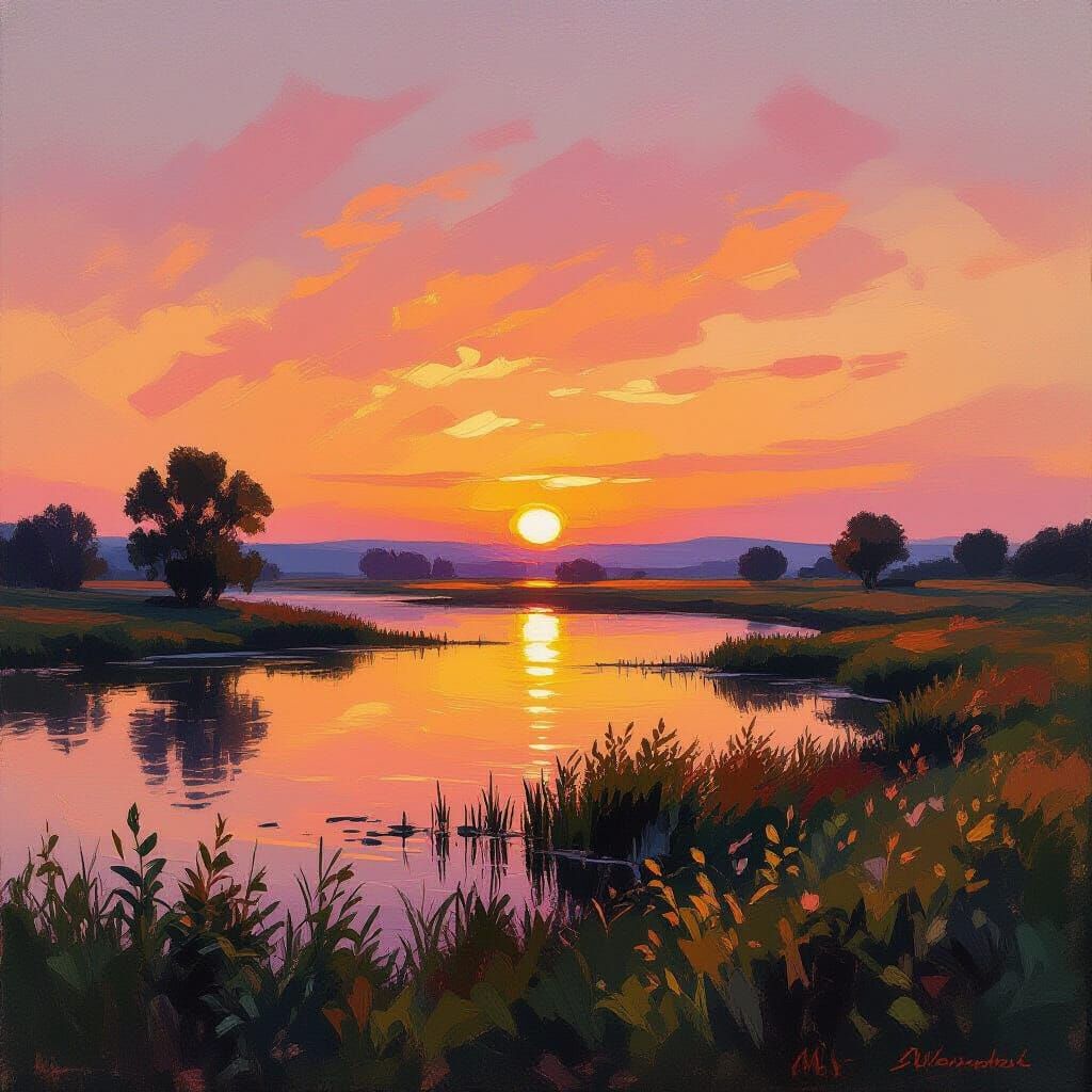 Impressionistic Sunset Over Serene Landscape