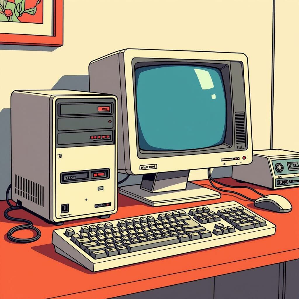 Retro 1990s PC in a Bold Artistic Style