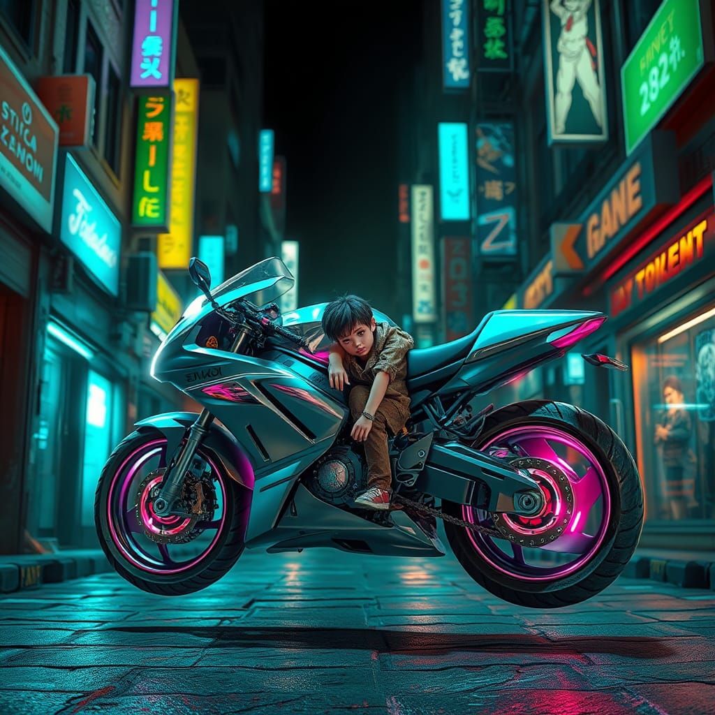 Cyberpunk Motorcycle with Child in Dystopian Cityscape