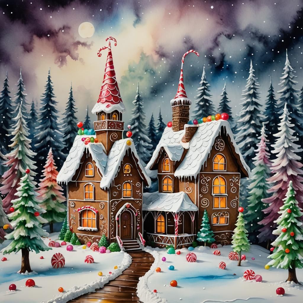 Gingerbread House in Winter Wonderland, Alcohol Ink Drawing
