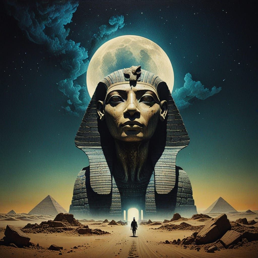 Egyptian Dystopian Sphinx in Dreamy Nightscapes