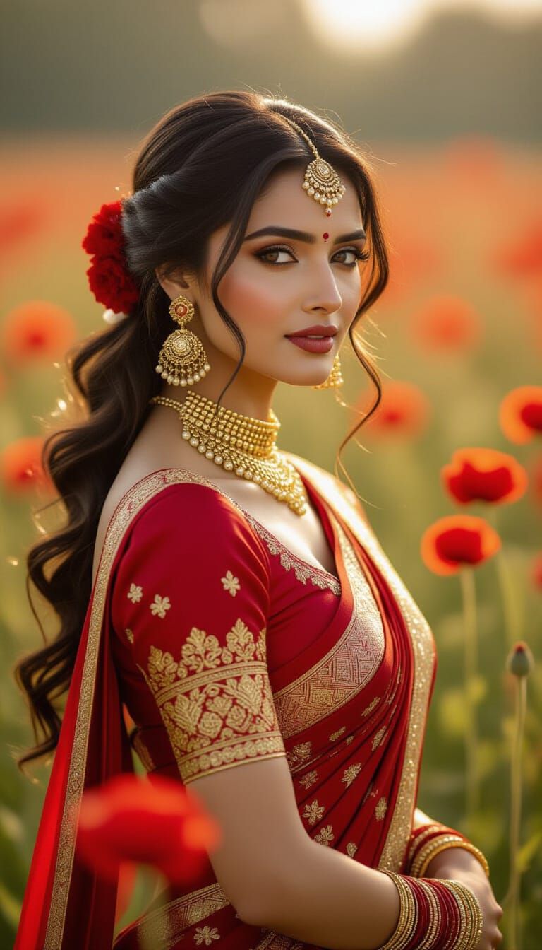 Indian Woman in Sari with Red Flowers