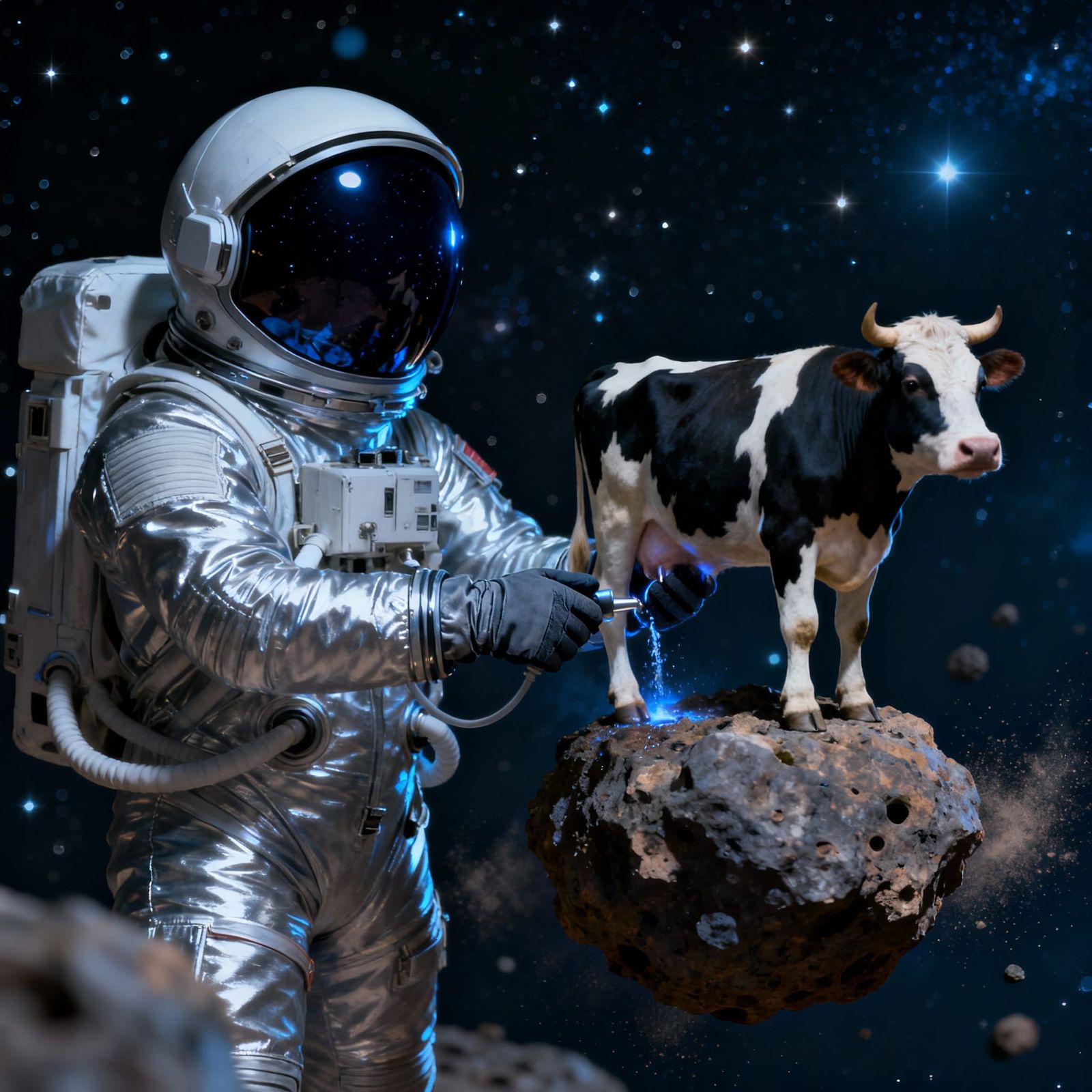 Spaceman Milking a Cow Under Dark Sky