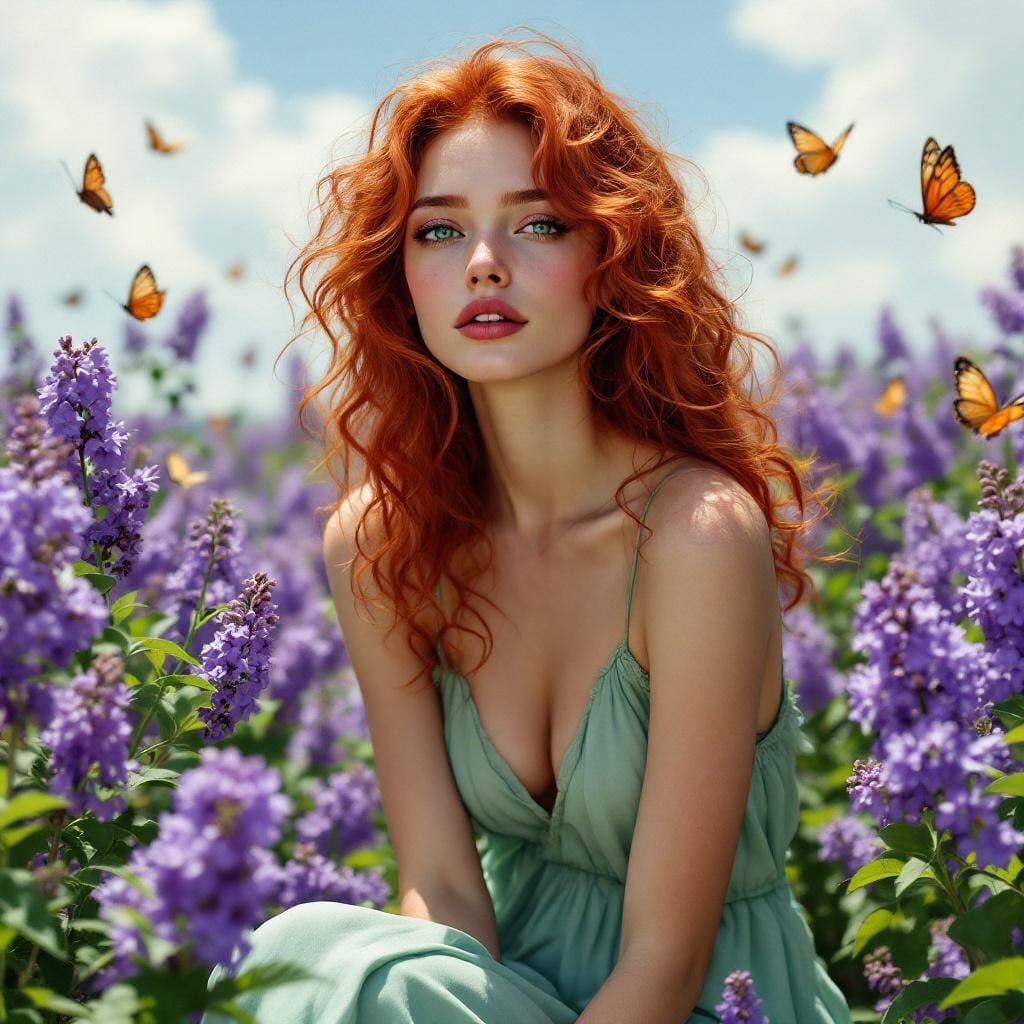 Red-Headed Woman in Lilac Field, Hyperrealistic Whimsical St...