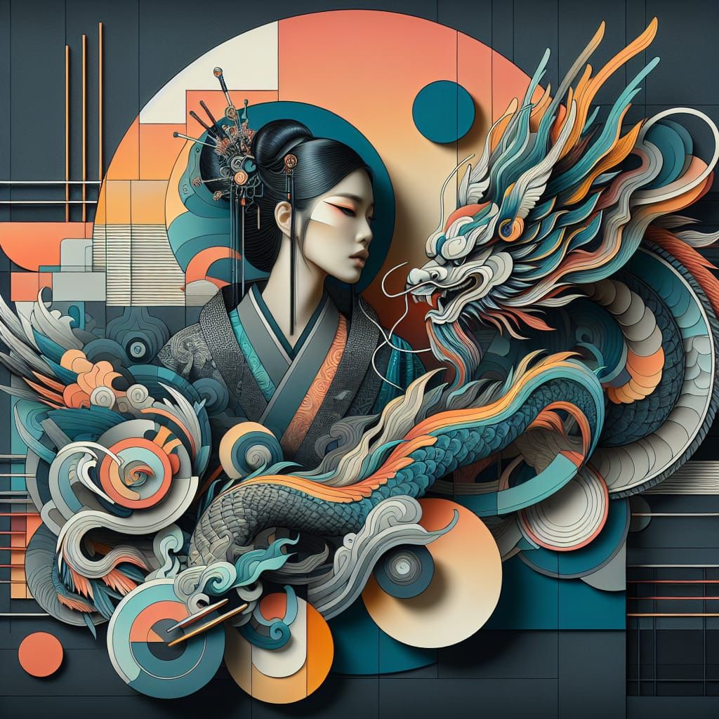 Chinese Woman and Dragon in Soft Pastel Hues