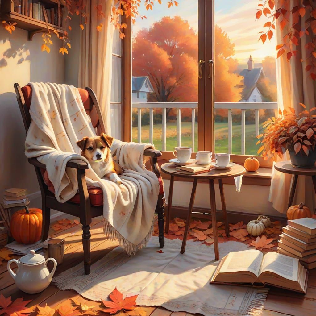 Cozy Autumn Room with Dog in Watercolor