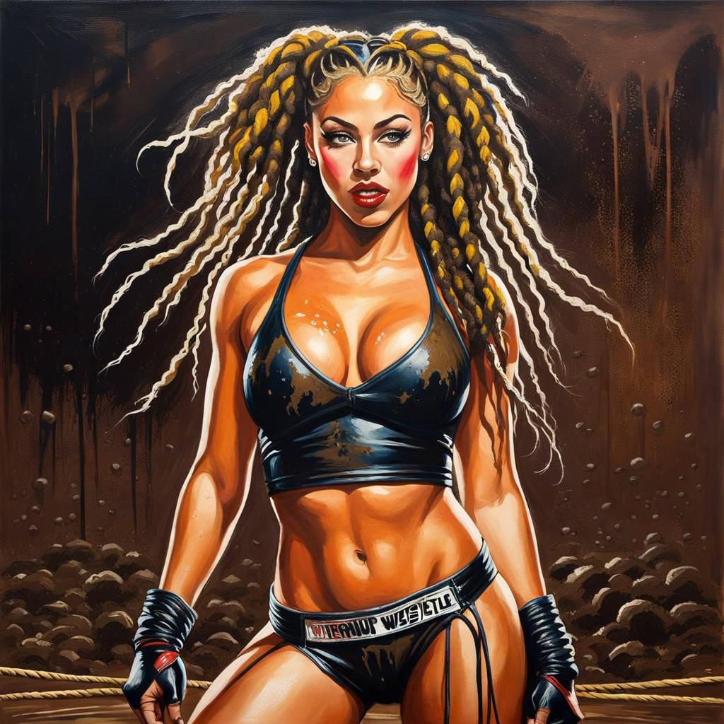 Mud-Covered Wrestler Pin-Up in Oil and Watercolor
