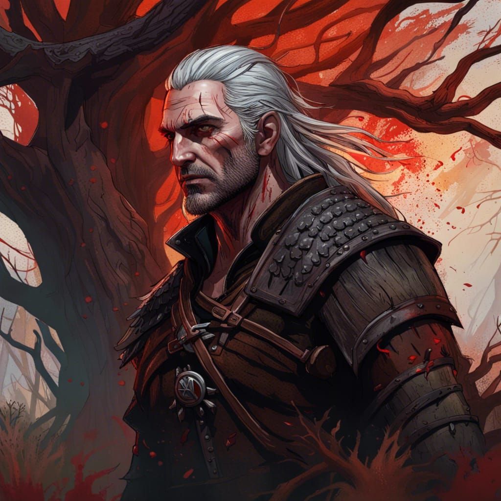 Witcher in a Gothic Landscape: Hyperrealistic Splash Art