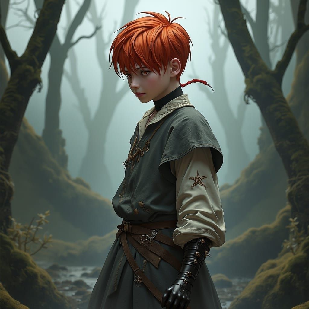 Heroic Red-Haired Boy in a Mystical Landscape