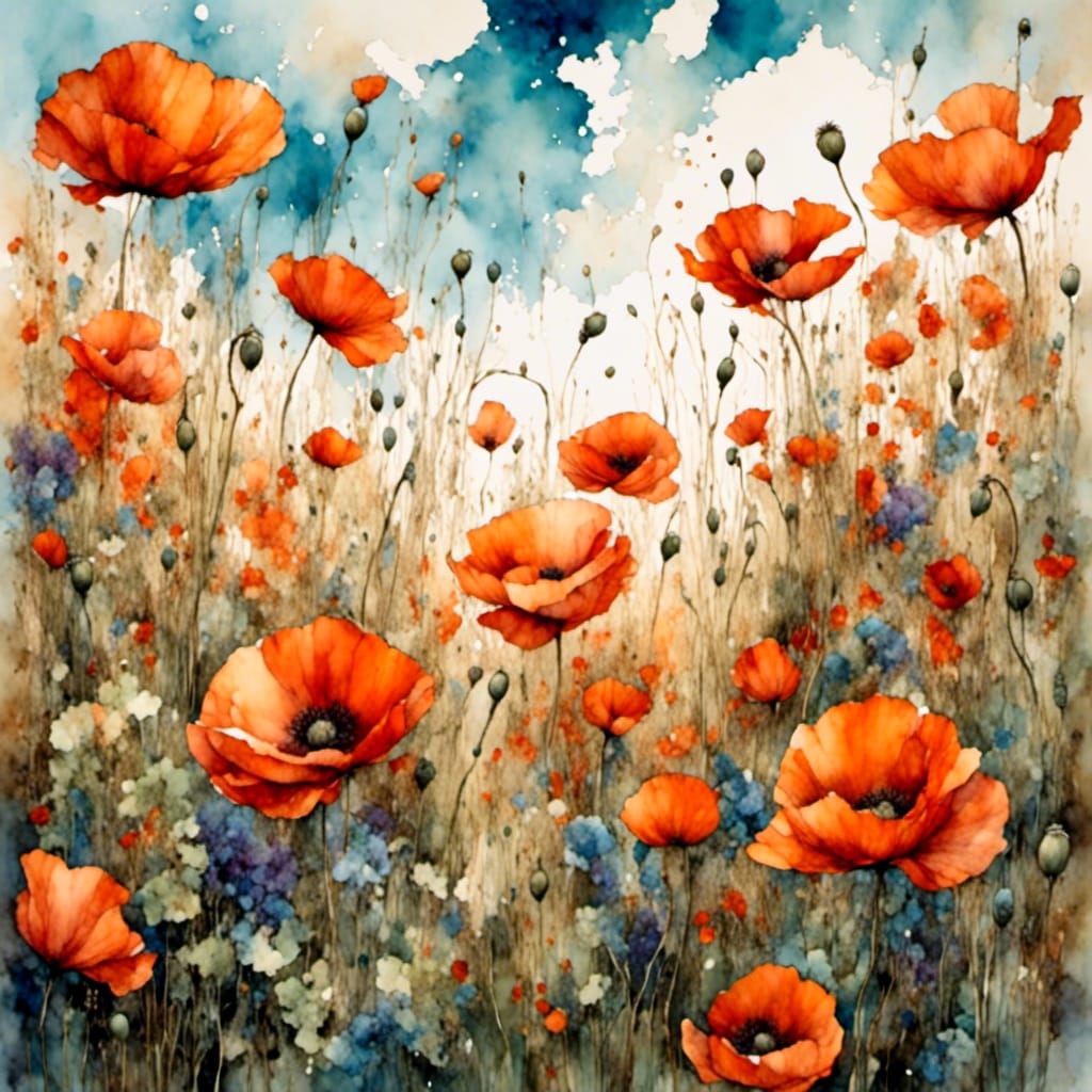 Poppy Field Under Bright Blue Sky Digital Illustration