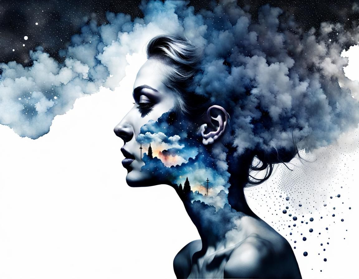 Surreal Double Exposure of Woman and Night Sky