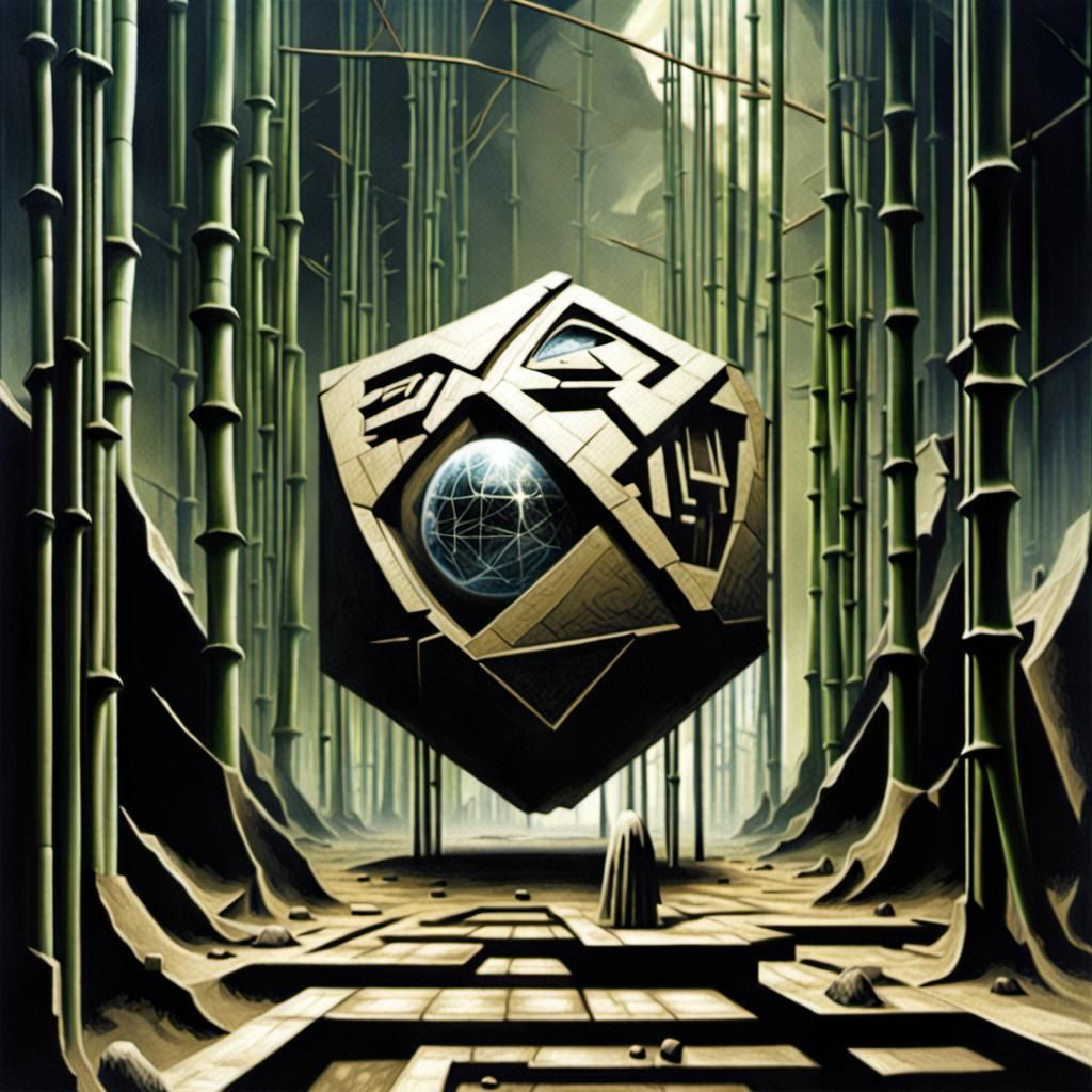 Dystopian Landscape with Quantum Computer and Bamboo Prison