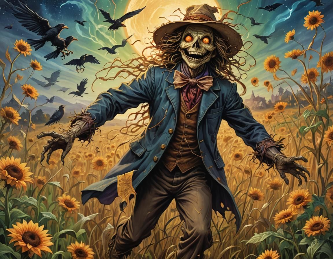 Cosmic Horror Scarecrow Chasing Crows: A Digital Painting