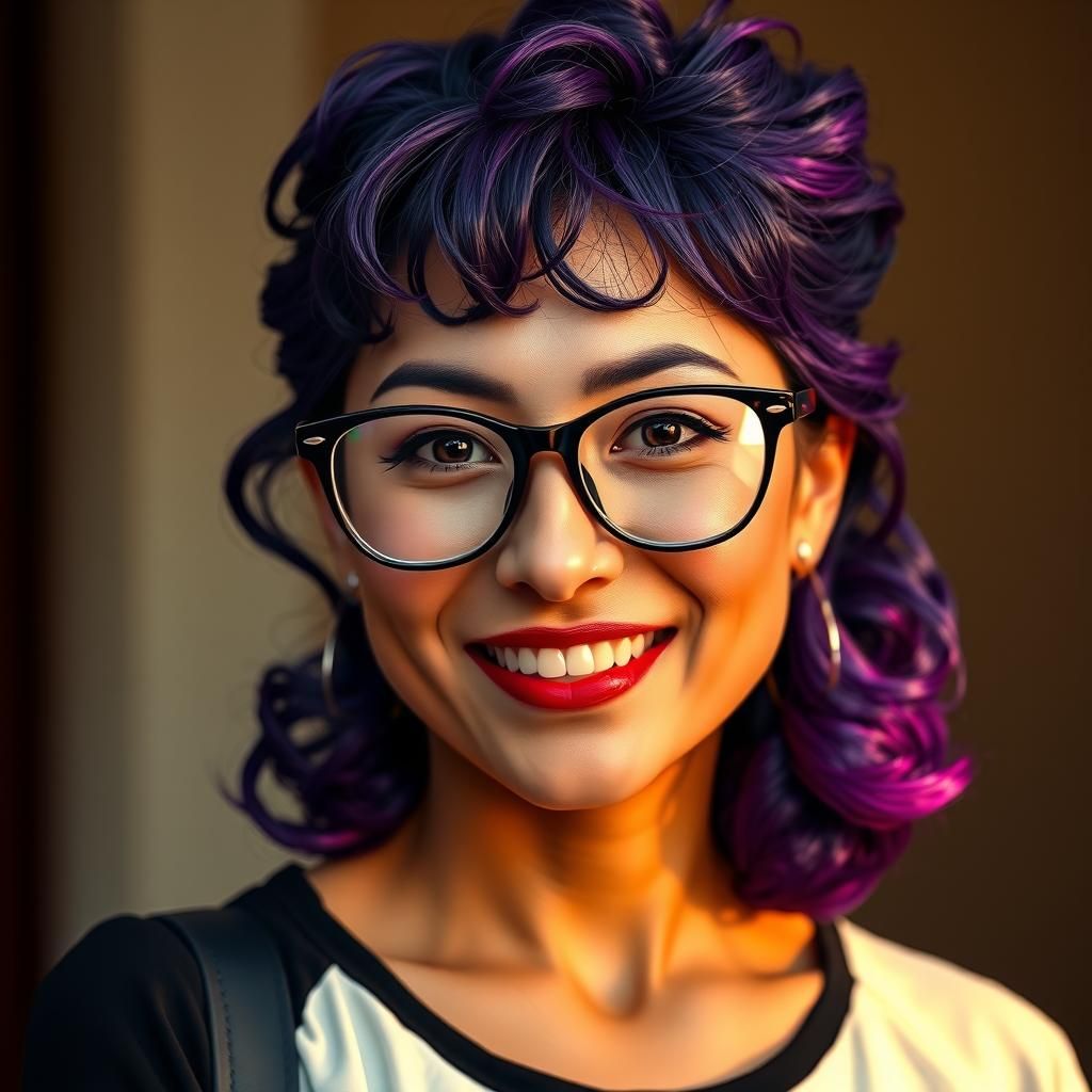 Hyperrealistic Portrait of Smiling Woman with Purple Hair