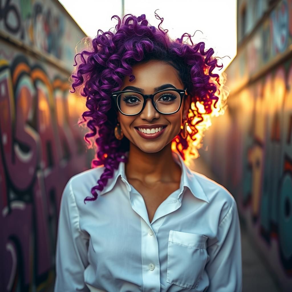 Purple Haired Woman Smiles in Golden Hour Sunlight