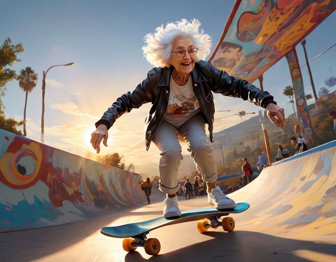 Elderly Woman Shredding on Skateboard as Digital Painting