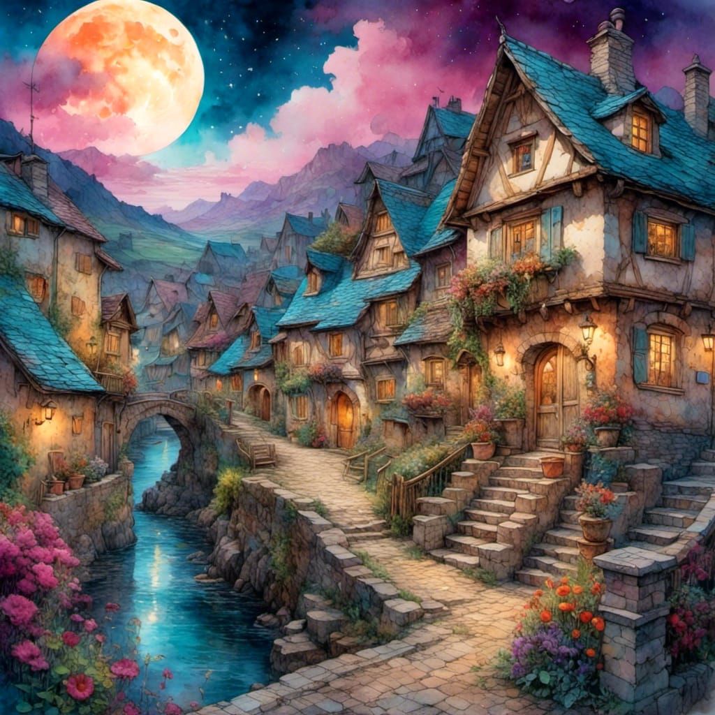 Night Village with Guardian Angel: Watercolour Impasto