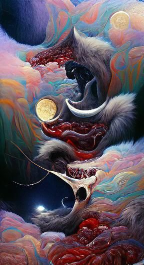 Surreal Moonlit Scene of Fur, Fang, and Bone