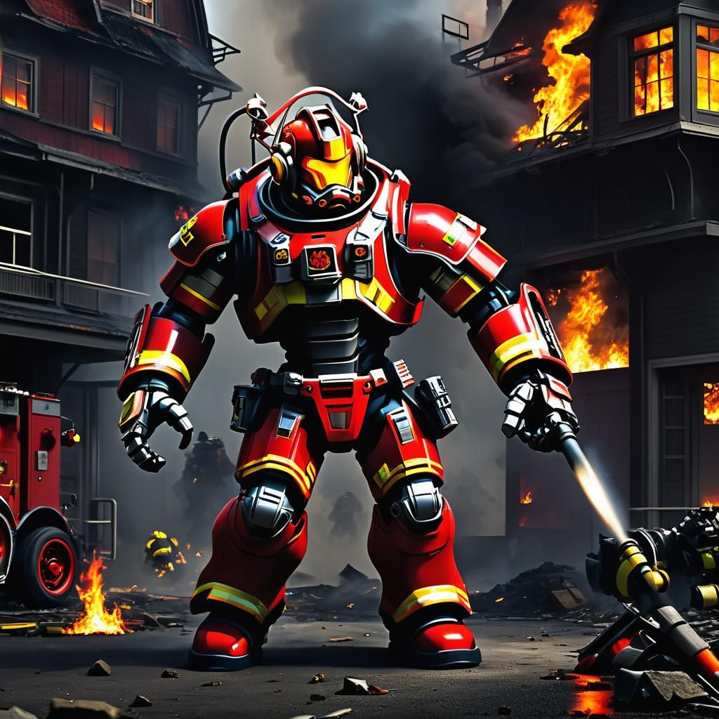 Detailed Mecha Fireman Fighting Fire