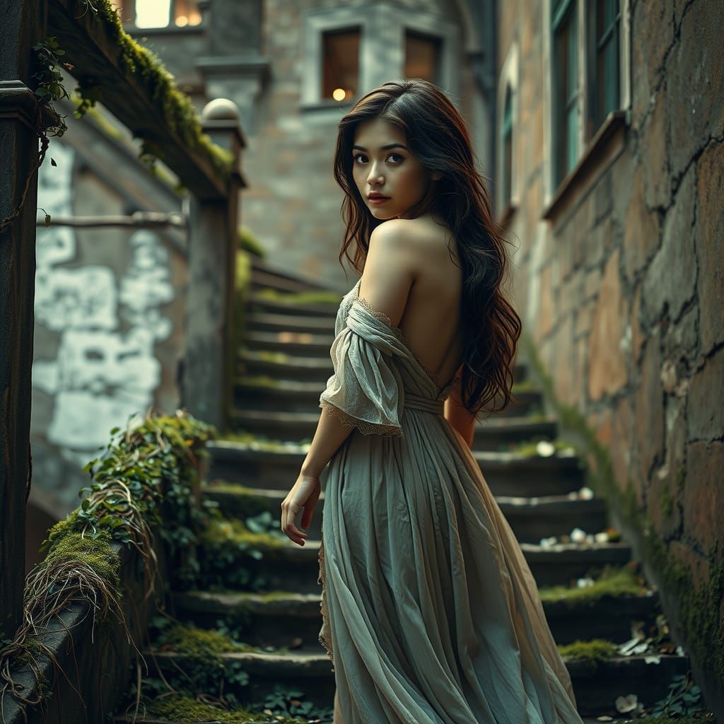 Romantic Woman on Ruined Stairs in Hyperrealistic Style